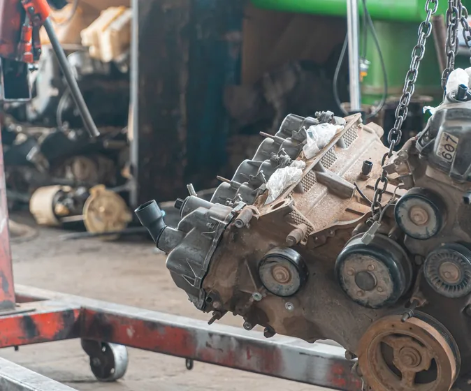 Car engine suspended by a chain hoist in a repair workshop