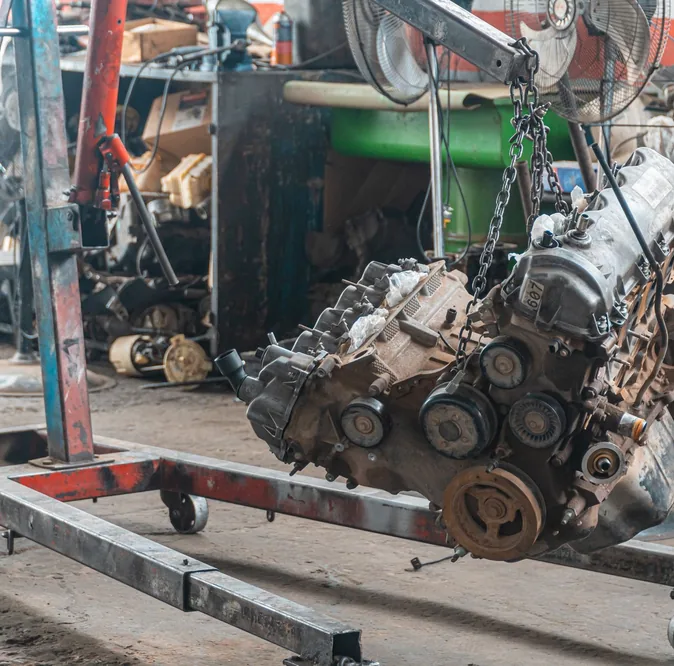 Car engine hoisted in a mechanic's workshop